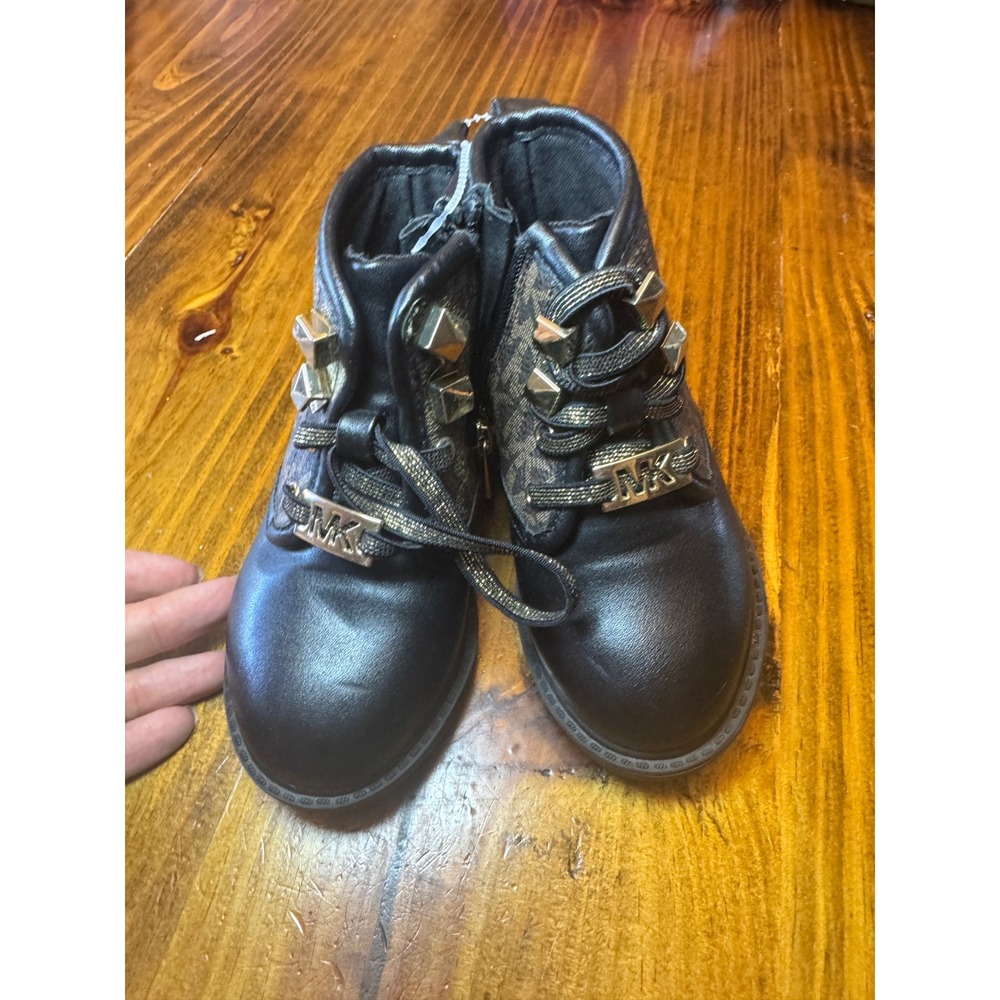 Michael Kors Haskell Toddler Girls Black MK Logo Combat Boots Size 7 Gold Studs - Picture 2 of 7